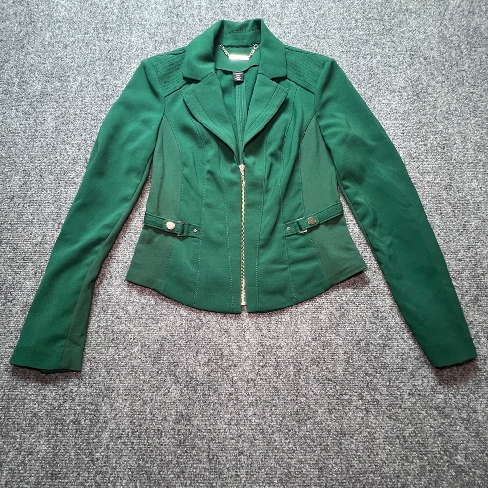 White House Black Market Green Zip Front Blazer Jacket Size 2 Office Work